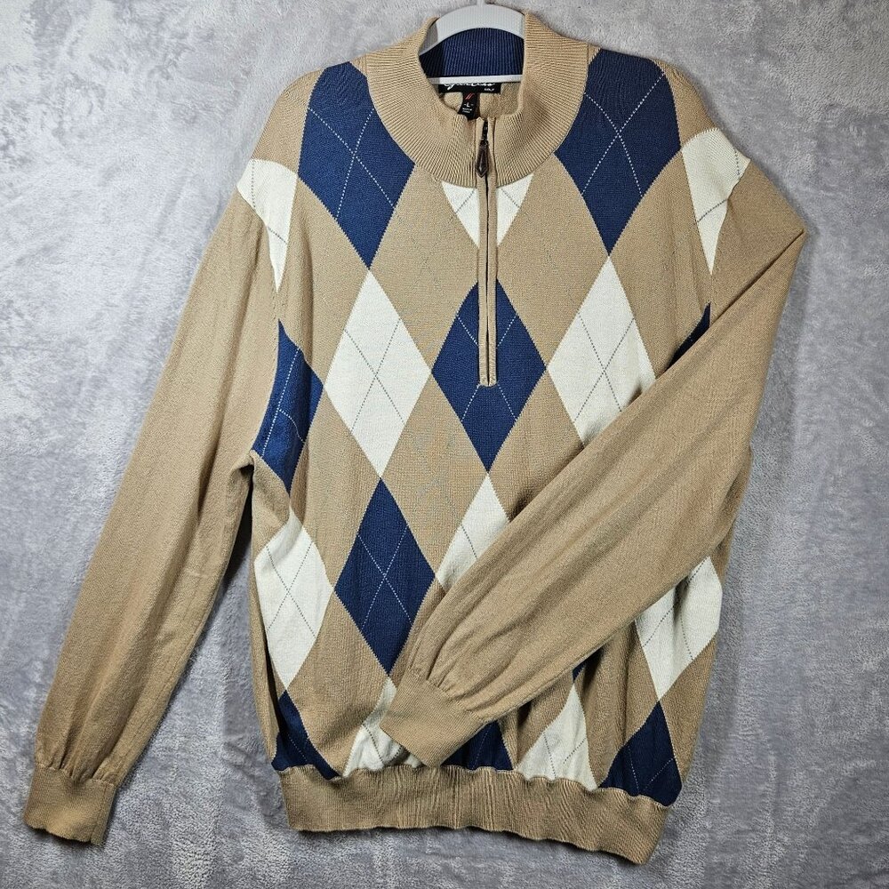Glen Echo Mens Argyle Zip Pullover Sweater Size L Beige/Blue/White Golf Dad nerd